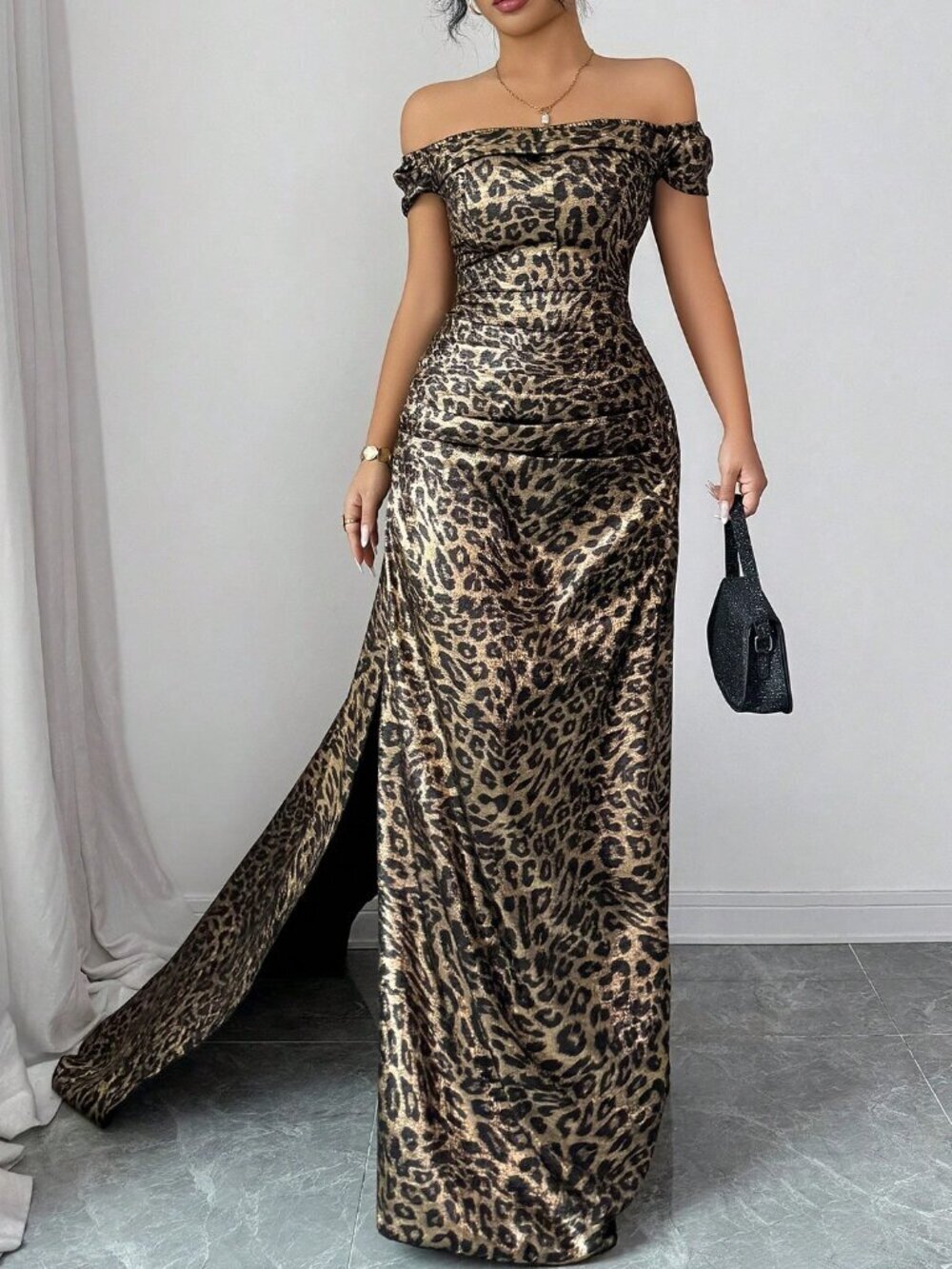 Multicolor Party Women's Ruched Off Shoulder Bodycon Sequin Leopard Print Dress